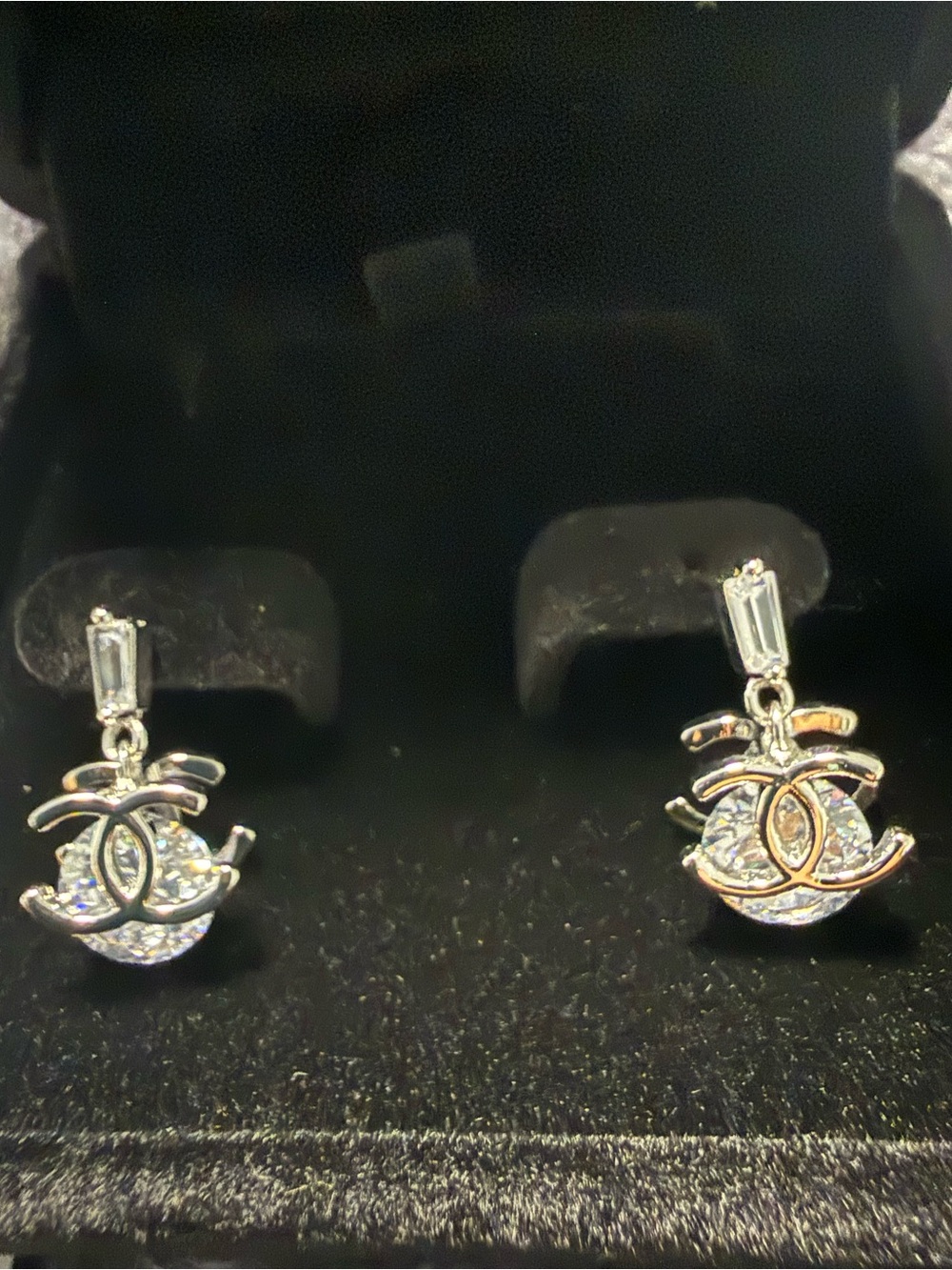 Silver-Tone Logo Drop Earrings with Clear Crystal Accents